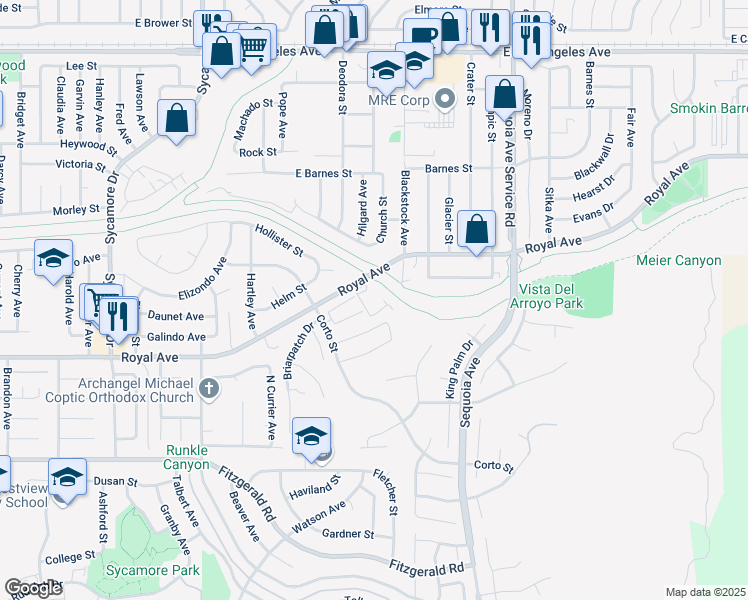 map of restaurants, bars, coffee shops, grocery stores, and more near 2990 Encina Lane in Simi Valley
