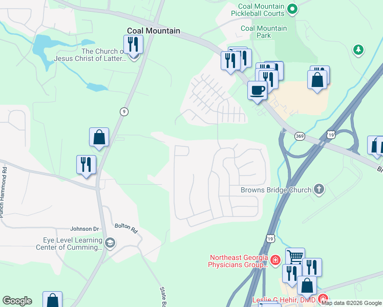 map of restaurants, bars, coffee shops, grocery stores, and more near 4875 Fourth Rail Lane in Cumming