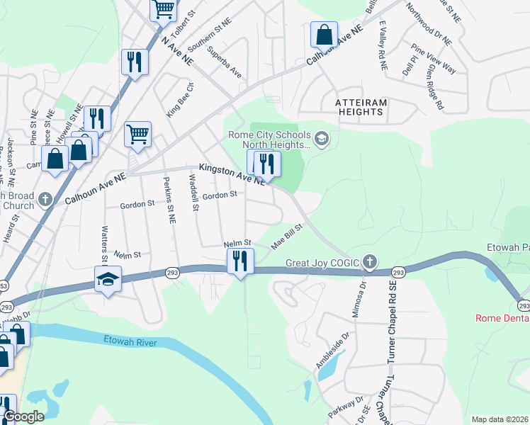 map of restaurants, bars, coffee shops, grocery stores, and more near 2010 Highland Circle in Rome