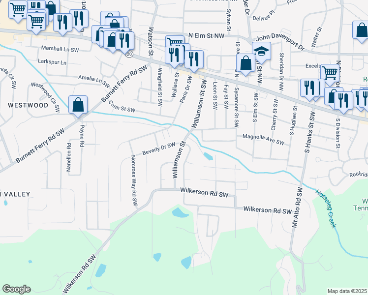 map of restaurants, bars, coffee shops, grocery stores, and more near 5a Woodcreek Way Southwest in Rome