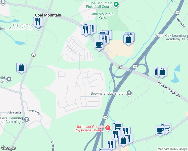 map of restaurants, bars, coffee shops, grocery stores, and more near 5370 Rialto Way in Cumming
