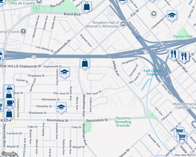 map of restaurants, bars, coffee shops, grocery stores, and more near 14671 Clymer Street in Los Angeles