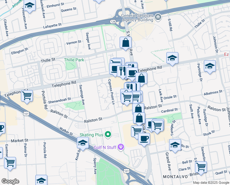 map of restaurants, bars, coffee shops, grocery stores, and more near 1251 San Simeon Court in Ventura