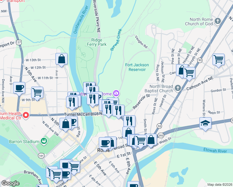 map of restaurants, bars, coffee shops, grocery stores, and more near 400 Civic Center Drive in Rome