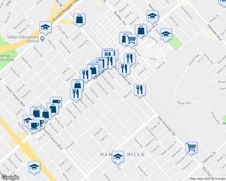 map of restaurants, bars, coffee shops, grocery stores, and more near 10621 El Dorado Avenue in Los Angeles