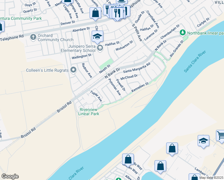 map of restaurants, bars, coffee shops, grocery stores, and more near 1796 Shannon Avenue in Ventura
