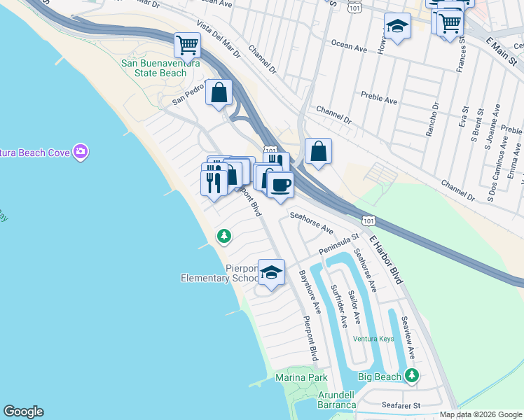 map of restaurants, bars, coffee shops, grocery stores, and more near 2401 Pierpont Boulevard in Ventura