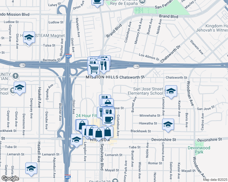 map of restaurants, bars, coffee shops, grocery stores, and more near 15315 Clymer Street in Los Angeles