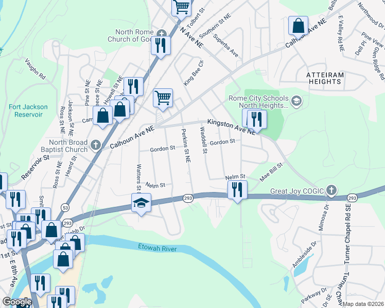 map of restaurants, bars, coffee shops, grocery stores, and more near 126 Perkins St NE in Rome