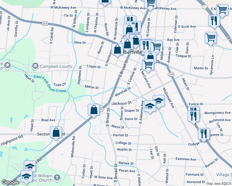 map of restaurants, bars, coffee shops, grocery stores, and more near 414 South Broad Street in Albertville