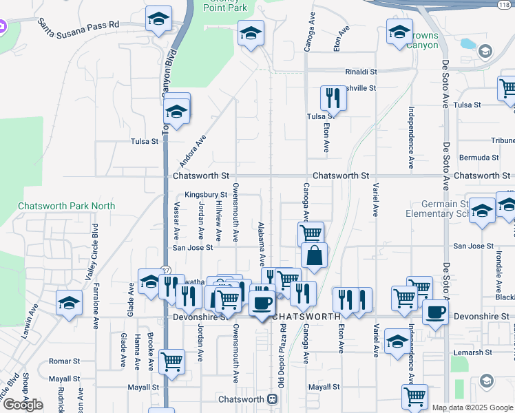 map of restaurants, bars, coffee shops, grocery stores, and more near 10609 Alabama Ave in Los Angeles