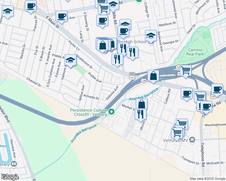 map of restaurants, bars, coffee shops, grocery stores, and more near 3433 Rexford Street in Ventura