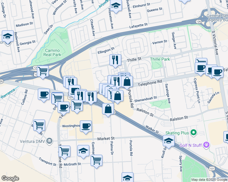 map of restaurants, bars, coffee shops, grocery stores, and more near 4860 Telephone Road in Ventura