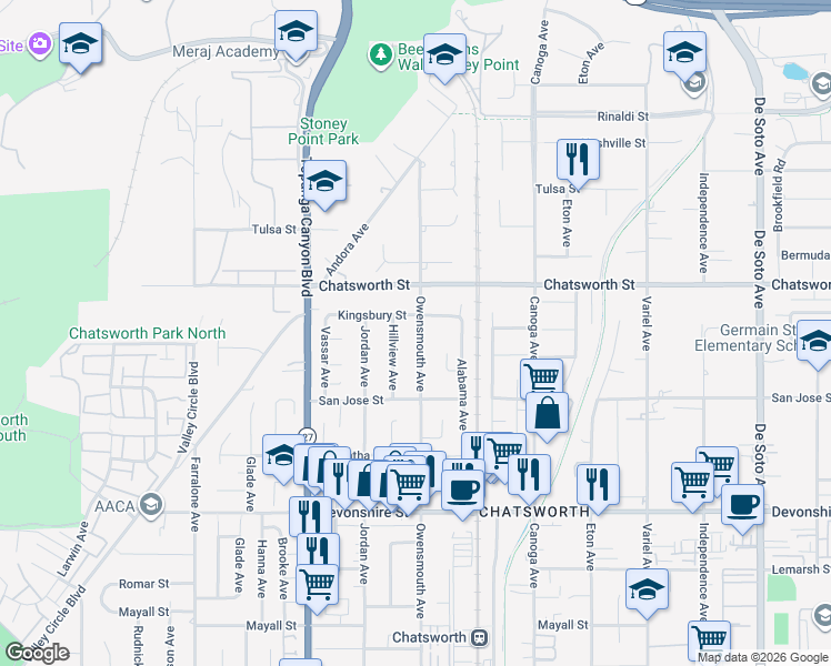 map of restaurants, bars, coffee shops, grocery stores, and more near 10607 Owensmouth Avenue in Los Angeles