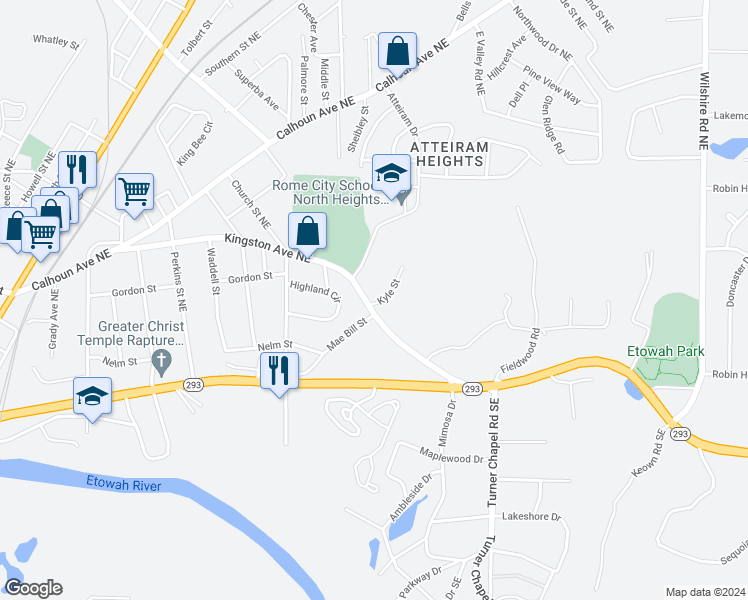 map of restaurants, bars, coffee shops, grocery stores, and more near 913 Kingston Avenue Northeast in Rome