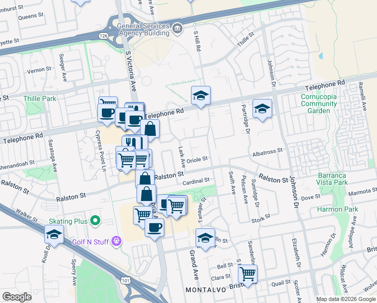 map of restaurants, bars, coffee shops, grocery stores, and more near 1351 Egret Avenue in Ventura