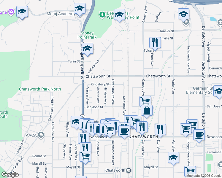 map of restaurants, bars, coffee shops, grocery stores, and more near 10607 Owensmouth Ave in Los Angeles
