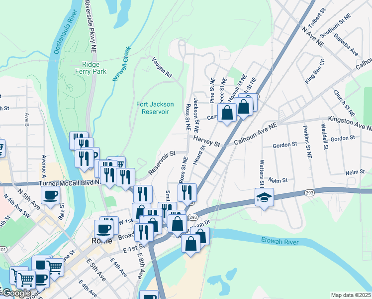 map of restaurants, bars, coffee shops, grocery stores, and more near 201 Reservoir Street in Rome