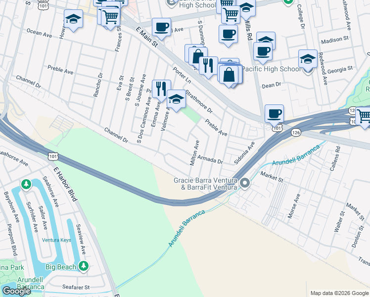 map of restaurants, bars, coffee shops, grocery stores, and more near 3167 Armada Drive in Ventura