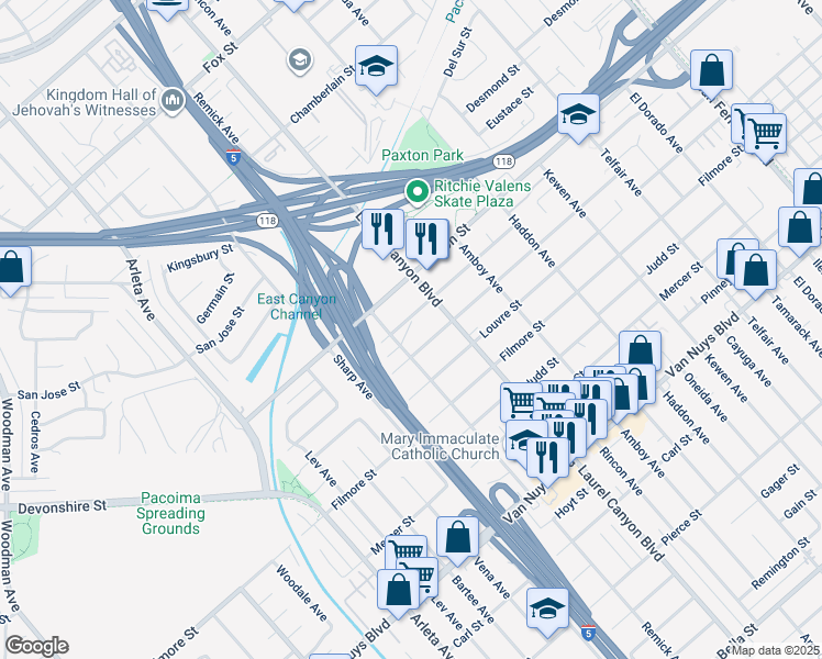 map of restaurants, bars, coffee shops, grocery stores, and more near 14010 Daventry St in Los Angeles
