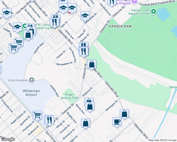 map of restaurants, bars, coffee shops, grocery stores, and more near 12330 Osborne Street in Los Angeles