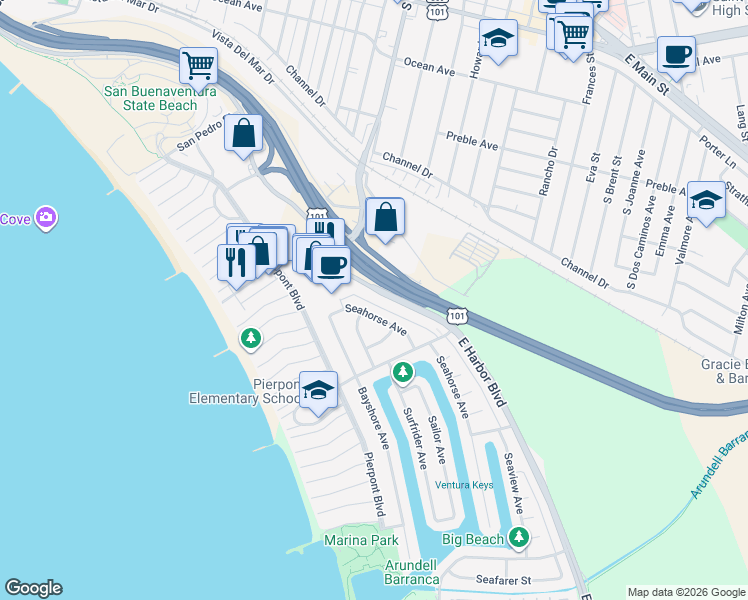 map of restaurants, bars, coffee shops, grocery stores, and more near 2507 East Harbor Boulevard in Ventura