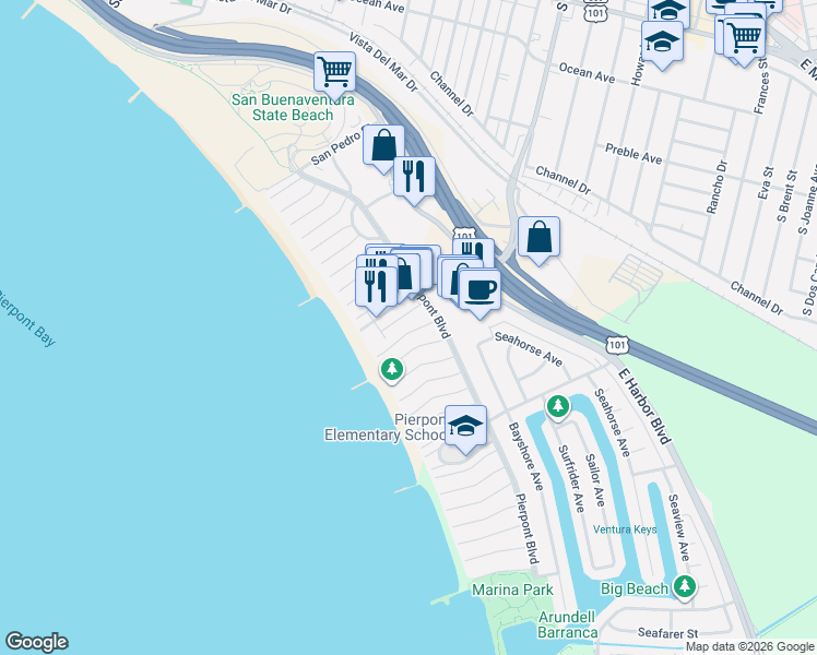 map of restaurants, bars, coffee shops, grocery stores, and more near 1115 Pittsfield Lane in Ventura