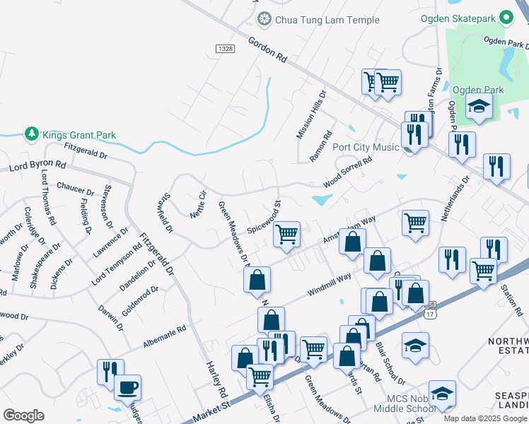map of restaurants, bars, coffee shops, grocery stores, and more near 6606 Lupine Court in Wilmington