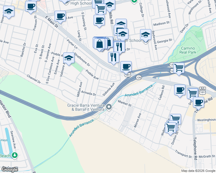 map of restaurants, bars, coffee shops, grocery stores, and more near 3389 Rexford Street in Ventura