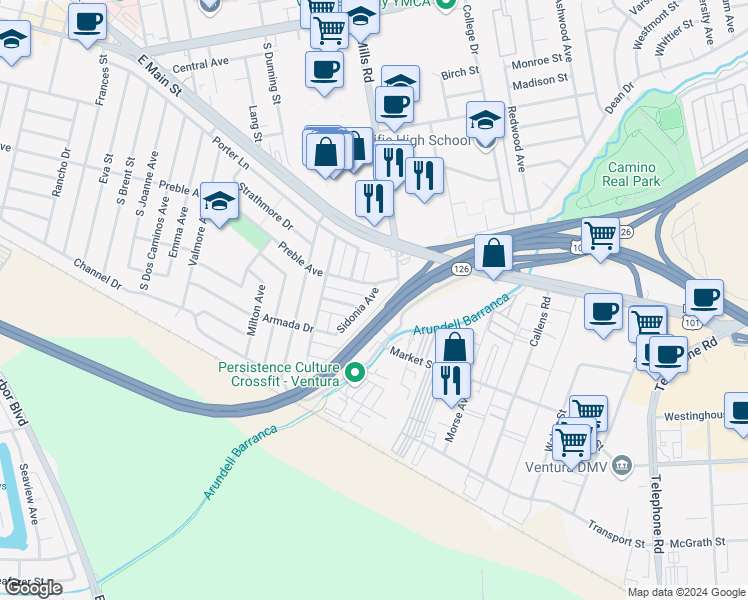 map of restaurants, bars, coffee shops, grocery stores, and more near 716 Sidonia Avenue in Ventura