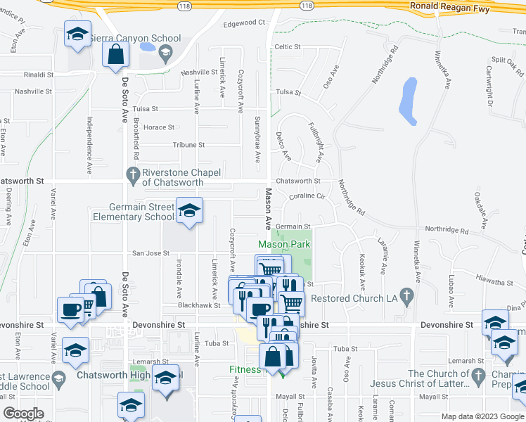 map of restaurants, bars, coffee shops, grocery stores, and more near 20501 Blairmoore Street in Los Angeles