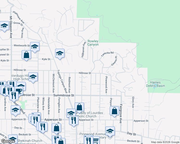 map of restaurants, bars, coffee shops, grocery stores, and more near 10701 Commerce Avenue in Los Angeles