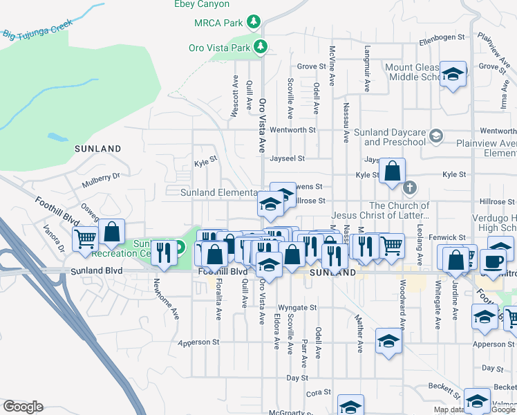 map of restaurants, bars, coffee shops, grocery stores, and more near 10653 Oro Vista Avenue in Los Angeles