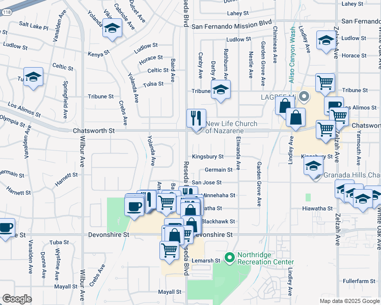 map of restaurants, bars, coffee shops, grocery stores, and more near 18449 Kingsbury Street in Los Angeles
