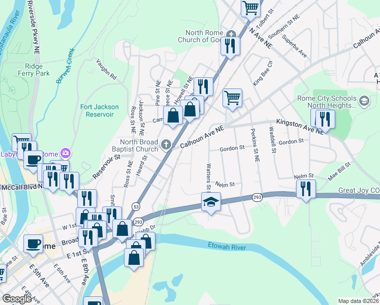 map of restaurants, bars, coffee shops, grocery stores, and more near 309 Grady Avenue Northeast in Rome