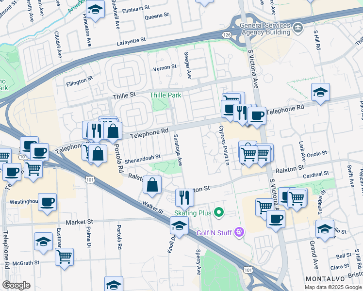 map of restaurants, bars, coffee shops, grocery stores, and more near 1300 Saratoga Avenue in Ventura