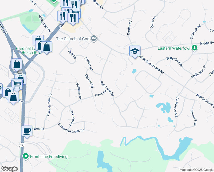 map of restaurants, bars, coffee shops, grocery stores, and more near 6500 Red Cedar Road in Wilmington