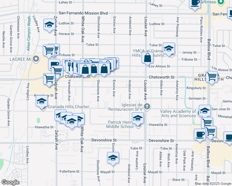 map of restaurants, bars, coffee shops, grocery stores, and more near 10562 Encino Avenue in Los Angeles