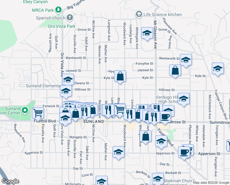 map of restaurants, bars, coffee shops, grocery stores, and more near 10654 Langmuir Avenue in Los Angeles
