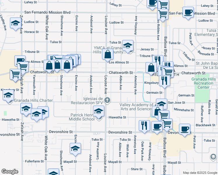 map of restaurants, bars, coffee shops, grocery stores, and more near 10620 Louise Avenue in Los Angeles