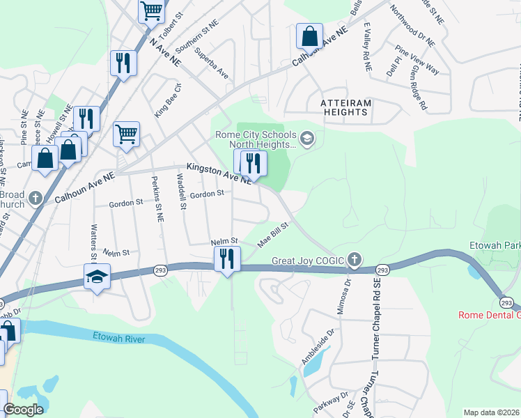 map of restaurants, bars, coffee shops, grocery stores, and more near 2010 Highland Circle in Rome