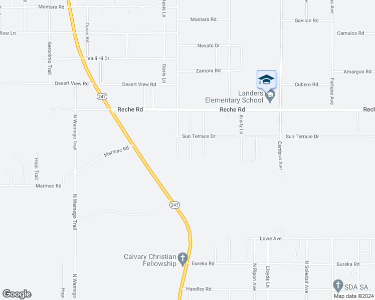map of restaurants, bars, coffee shops, grocery stores, and more near 56111 Sun Terrace Drive in Yucca Valley