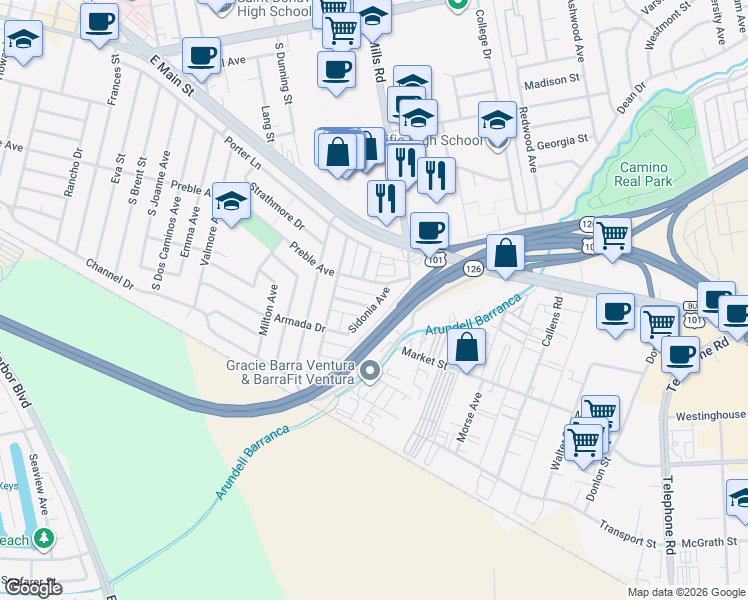 map of restaurants, bars, coffee shops, grocery stores, and more near in Ventura