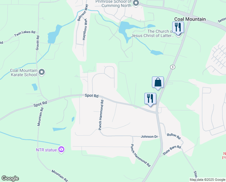 map of restaurants, bars, coffee shops, grocery stores, and more near 3490 Buffington Lane in Cumming