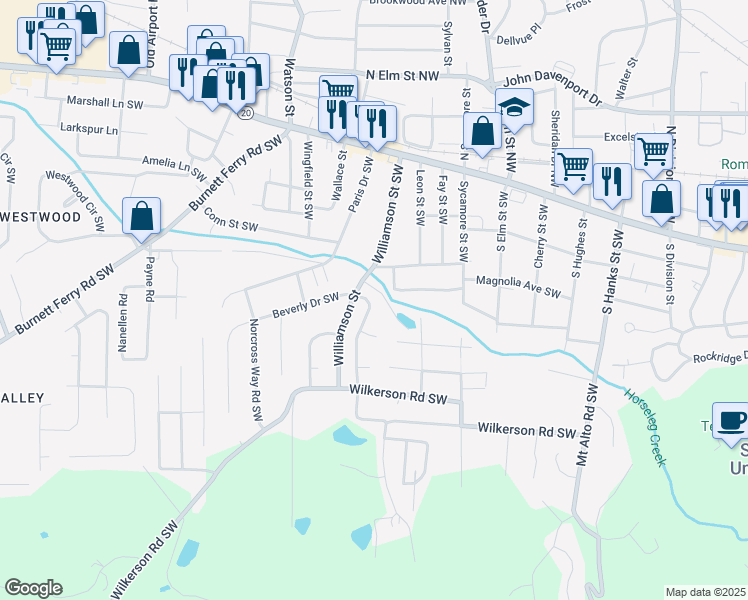 map of restaurants, bars, coffee shops, grocery stores, and more near 5a Woodcreek Way Southwest in Rome