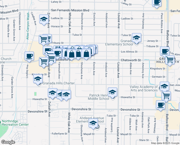 map of restaurants, bars, coffee shops, grocery stores, and more near 17520 Kingsbury Street in Los Angeles