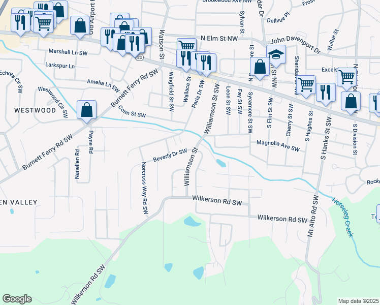 map of restaurants, bars, coffee shops, grocery stores, and more near 110 Williamson Street Southwest in Rome