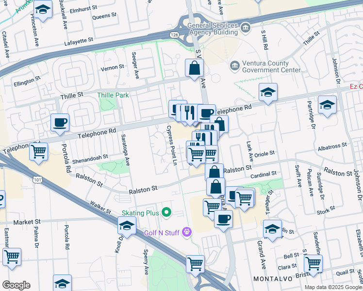 map of restaurants, bars, coffee shops, grocery stores, and more near 1252 San Simeon Court in Ventura