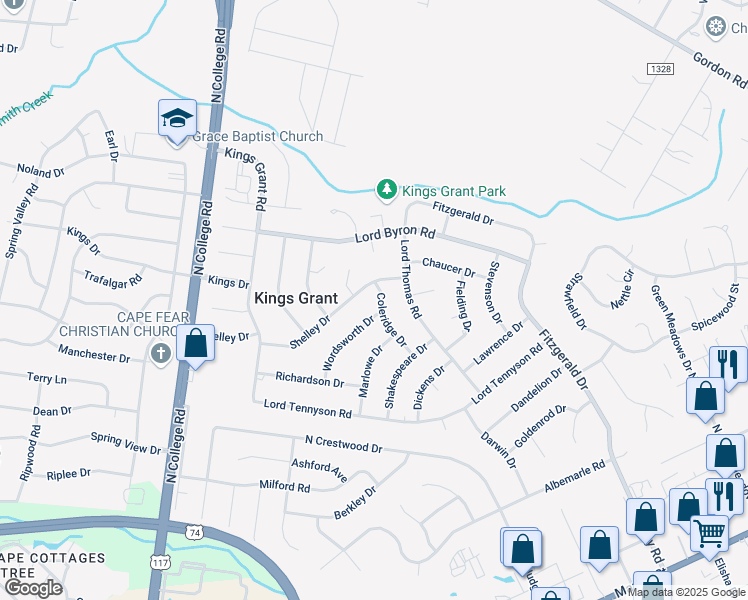map of restaurants, bars, coffee shops, grocery stores, and more near 1117 Coleridge Drive in Wilmington