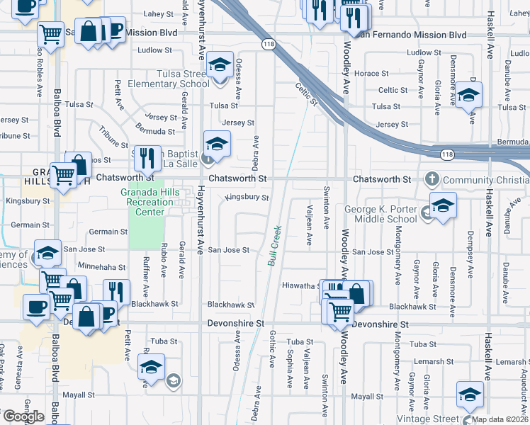 map of restaurants, bars, coffee shops, grocery stores, and more near 10603 Debra Avenue in Los Angeles